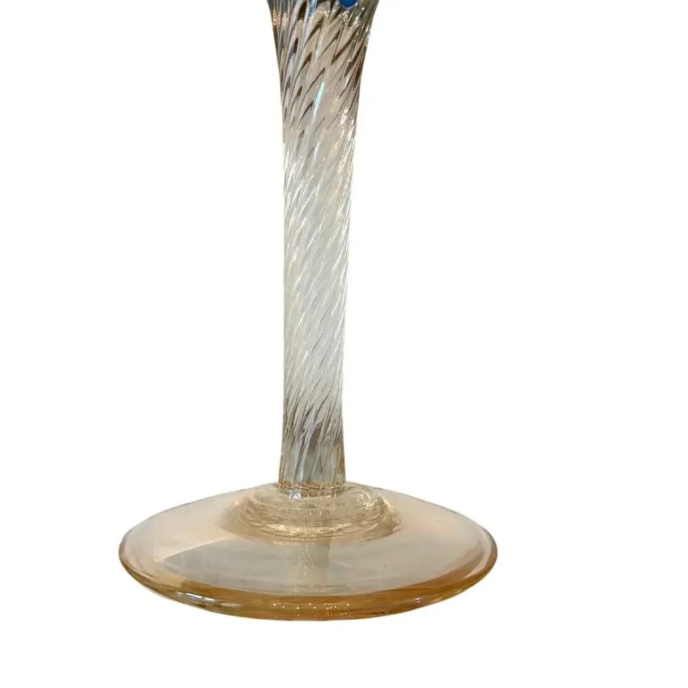 Italian Hand Blown Murano Art Glass Green Tulip Candle Holder Amber Stem 13